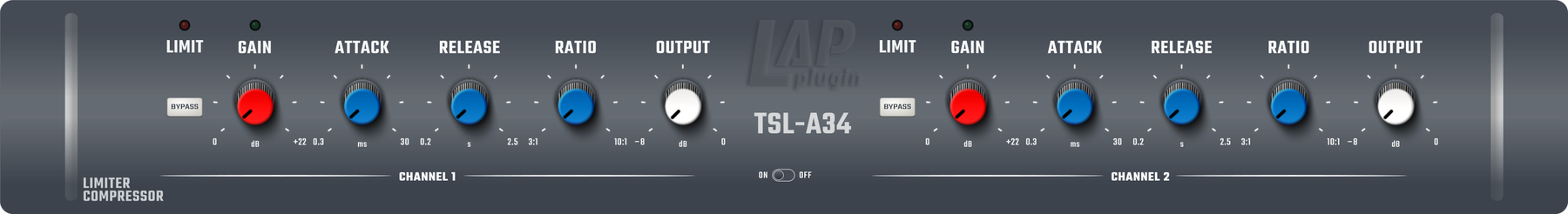 LAP TSL-A34 — two-channel rack panel: LIMIT and GAIN LEDs, GAIN, ATTACK, RELEASE, RATIO and OUTPUT knobs, BYPASS per channel, LINK switch